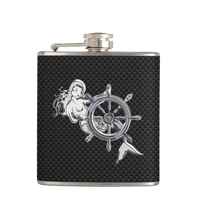 Chrome Mermaid on Carbon Fibre Print Hip Flask (Front)
