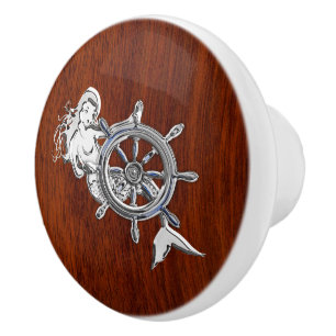 Chrome Mermaid on Nautical Mahogany Grain Print Ceramic Knob