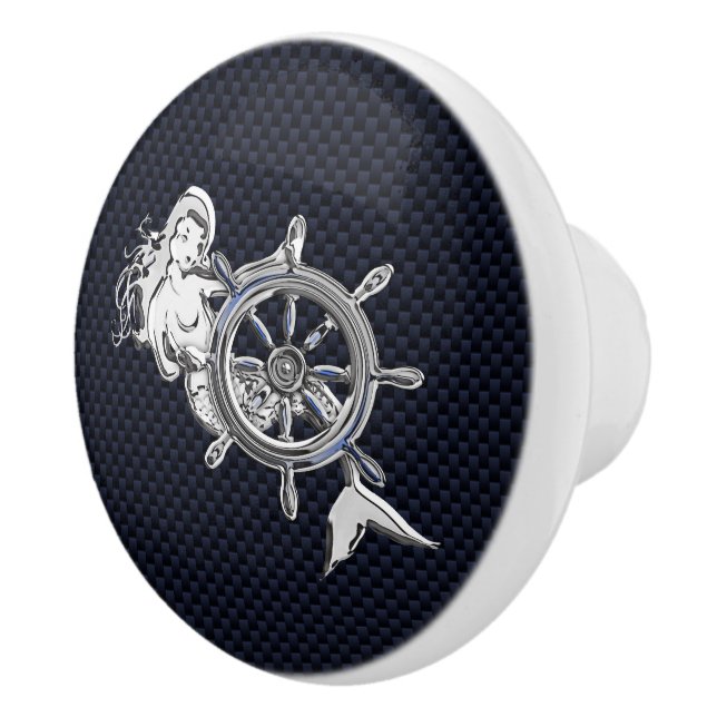 Chrome Mermaid on Nautical Navy Carbon Fibre Print Ceramic Knob (Right)