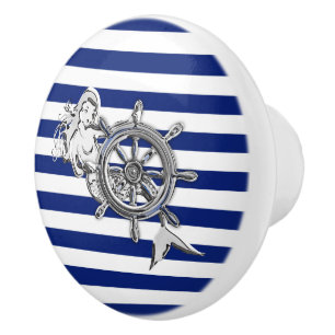 Chrome Mermaid on Nautical Navy Stripes Print Ceramic Knob