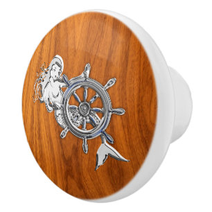 Chrome Mermaid on Nautical Teak Wood Grain Print Ceramic Knob