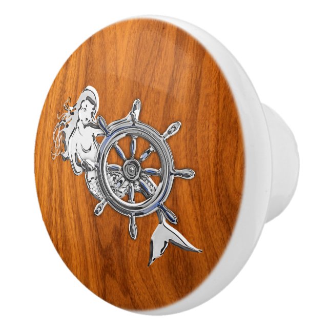 Chrome Mermaid on Nautical Teak Wood Grain Print Ceramic Knob (Right)