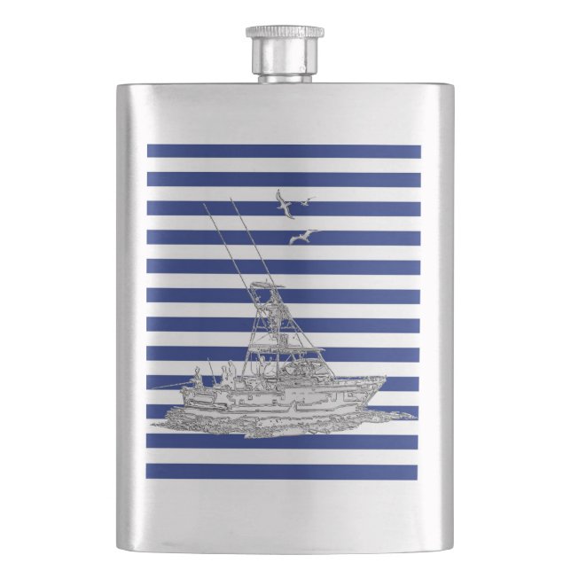 Chrome Mermaid on Navy Stripes Print Hip Flask (Front)