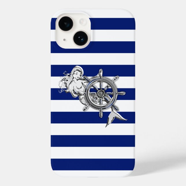 Chrome Mermaid Print on Navy Stripes Case-Mate iPhone Case (Back)