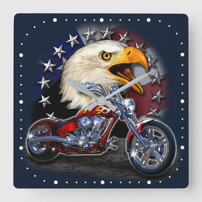 Chrome Motorcycle Chopper Patriotic Eagle USA Flag Square Wall Clock (Front)