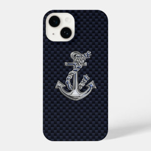 Chrome Nautical Anchor on Carbon Fibre Print iPhone 14 Case