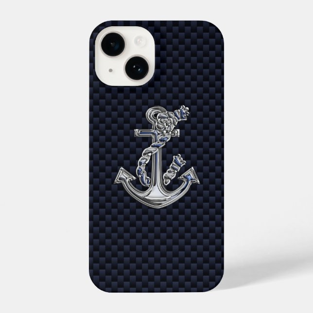Chrome Nautical Anchor on Carbon Fibre Print iPhone Case (Back)