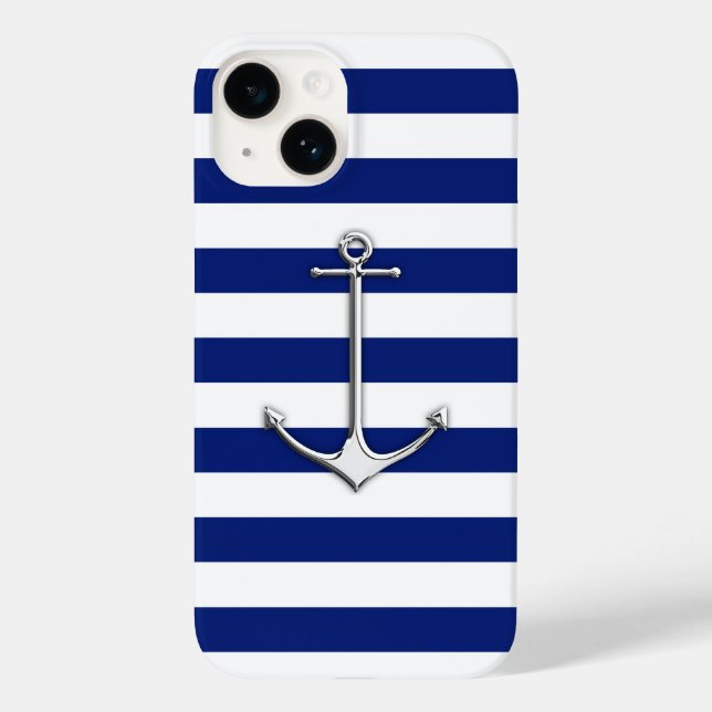 Chrome Nautical Anchor Print on Navy Stripes Case-Mate iPhone Case (Back)