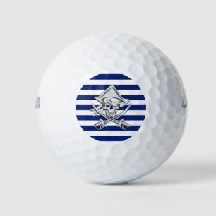 Chrome Nautical Crossbones Print on Navy Stripes Golf Balls