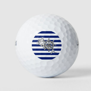 Chrome Nautical Mermaid Print on Navy Stripes Golf Balls