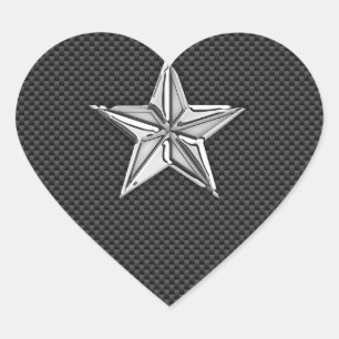 Chrome Nautical Star on Carbon Fibre Heart Sticker