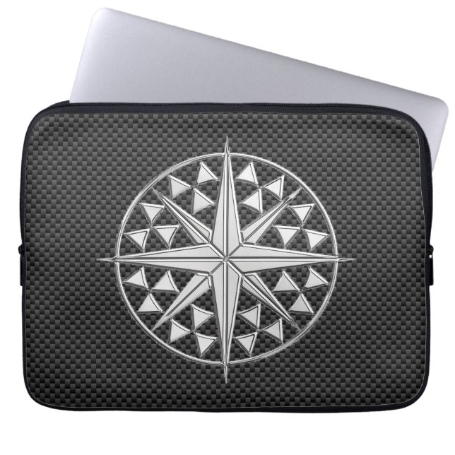Chrome Nautical Star on Carbon Fibre Laptop Sleeve (Front)