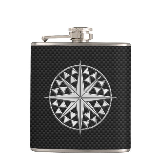 Chrome Nautical Star on Carbon Fibre Print Hip Flask (Front)