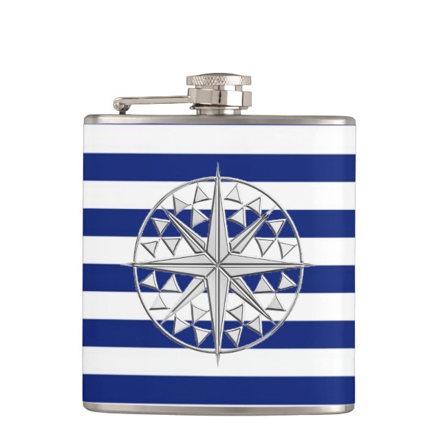 Chrome Nautical Star on Navy Stripes Hip Flask (Front)