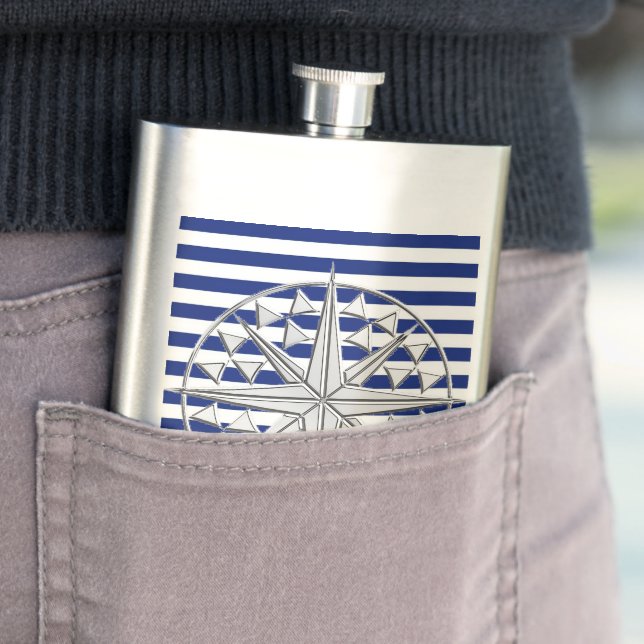 Chrome Nautical Star on Navy Stripes Print Hip Flask (In Situ)