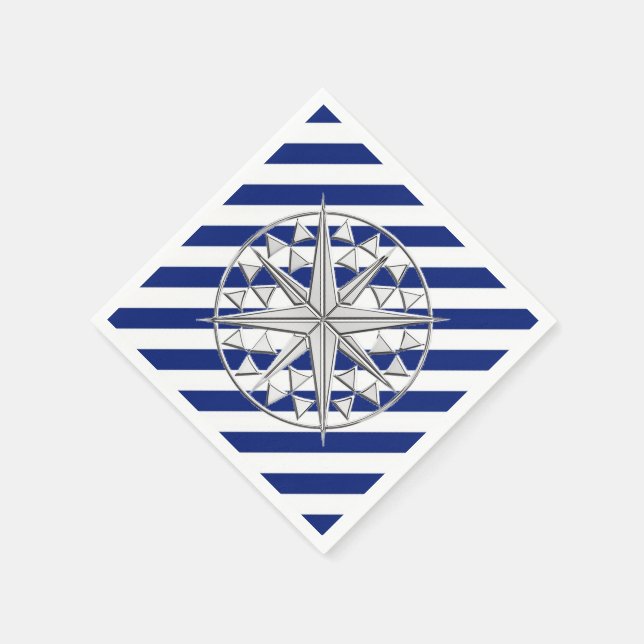 Chrome Nautical Star on Navy Stripes Print Napkin (Corner)