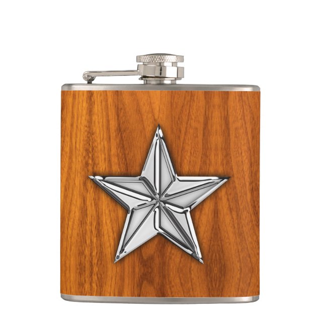 Chrome Nautical Star on Teak Print Hip Flask (Front)
