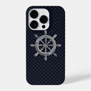 Chrome Nautical Wheel on Carbon Fibre Print iPhone 14 Pro Case