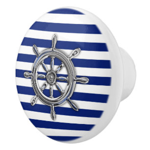 Chrome Nautical Wheel on Navy Blue Stripes Print Ceramic Knob