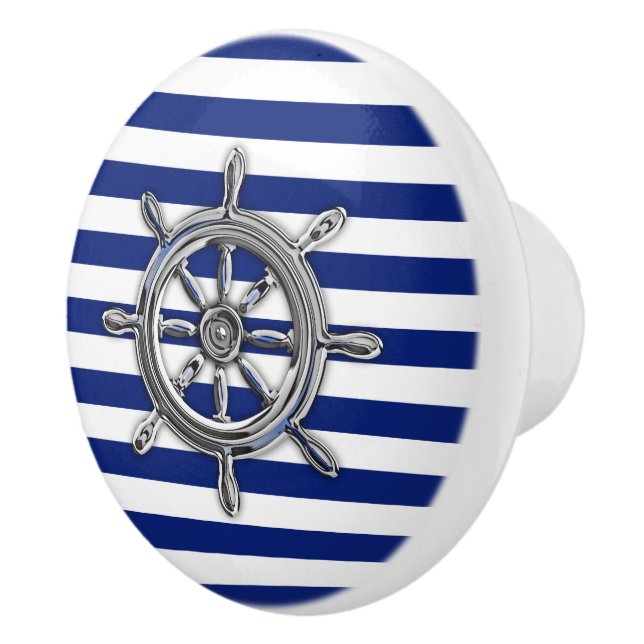 Chrome Nautical Wheel on Navy Blue Stripes Print Ceramic Knob (Right)