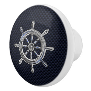 Chrome Nautical Wheel on Navy Carbon Fibre Print Ceramic Knob