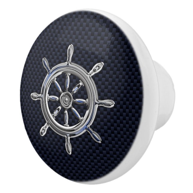 Chrome Nautical Wheel on Navy Carbon Fibre Print Ceramic Knob (Right)