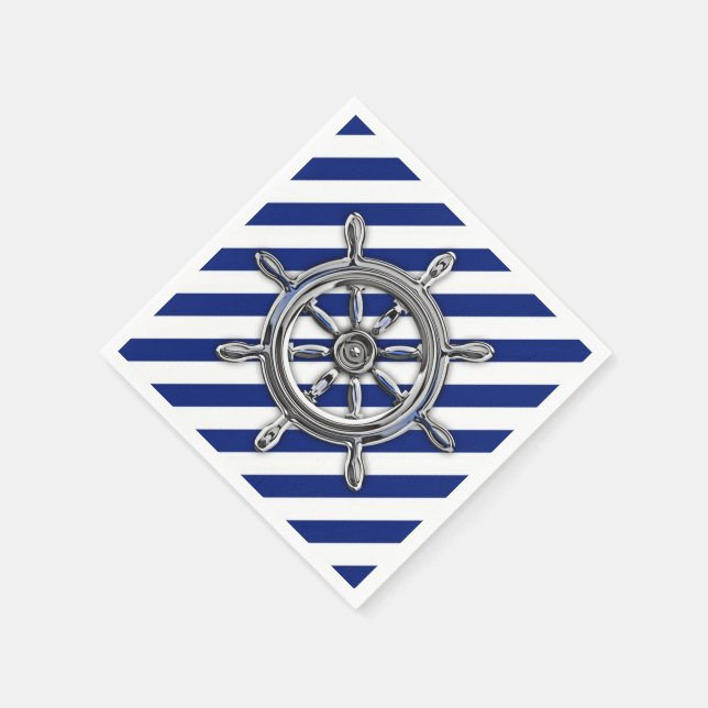 Chrome Nautical Wheel on Navy Stripes Print Napkin (Corner)