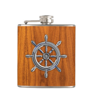 Chrome Nautical Wheel on Teak Print Hip Flask
