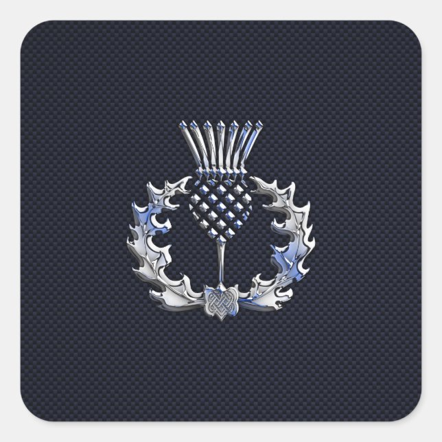 Chrome on Carbon Fibre Print Scottish Thistle Square Sticker (Front)