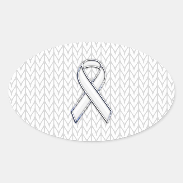 Chrome on White Knit Ribbon Awareness Print Oval Sticker (Front)