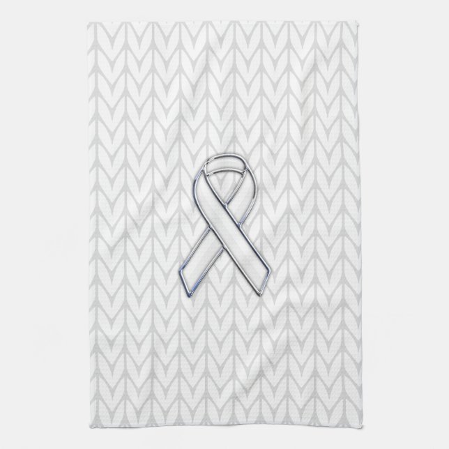 Chrome on White Knitting Ribbon Awareness Print Tea Towel (Vertical)