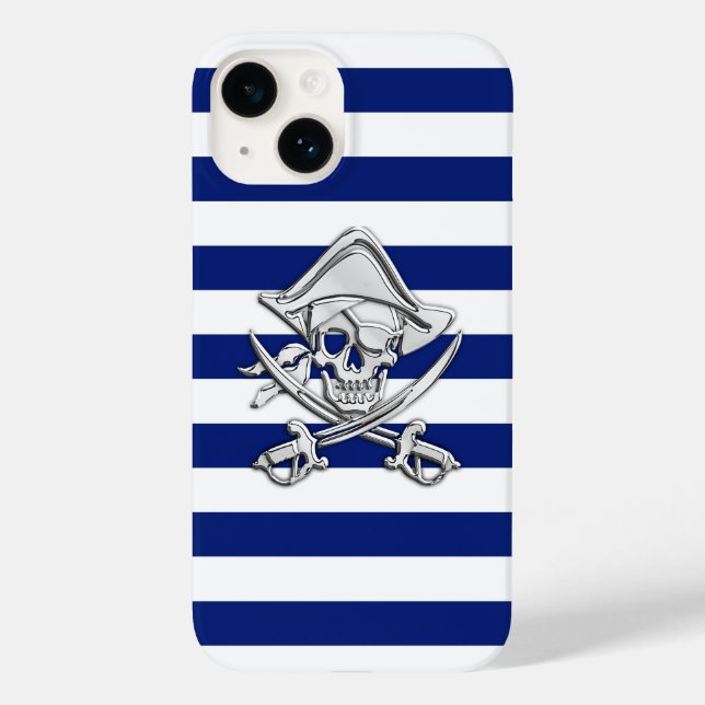 Chrome Pirate Crossbones Print on Navy Stripes Case-Mate iPhone Case (Back)