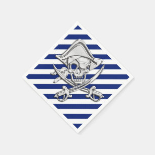 Chrome Pirate Nautical on Navy Stripes Print Napkin