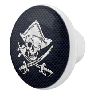 Chrome Pirate on Nautical Navy Carbon Fibre Print Ceramic Knob