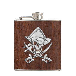 Chrome Pirate on Wet Mahogany Print Hip Flask