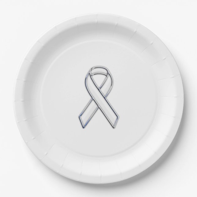 Chrome Print Belted White Ribbon Awareness Paper Plate (Front)