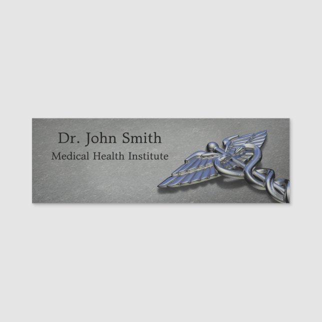 Chrome Professional Medical Caduceus Name Tag (Front)