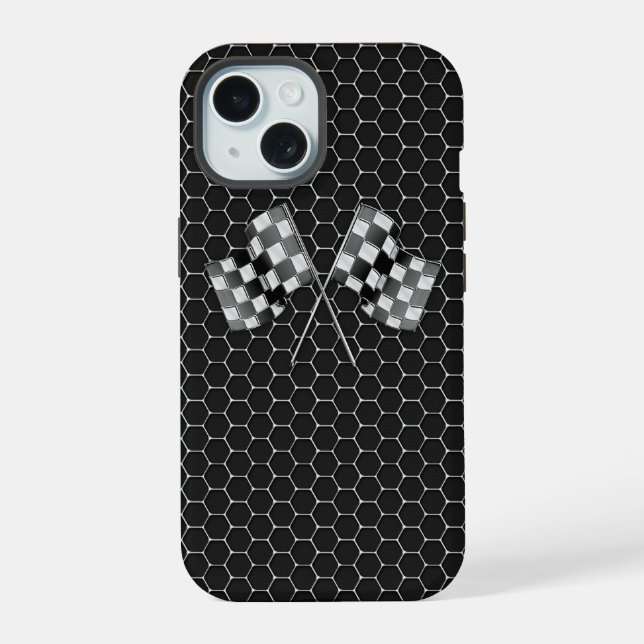 Chrome Racing Flags on Honeycombs iPhone 15 Case (Back)