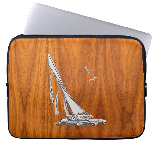 Chrome Regatta Sailboat on Teak Veneer Styles Laptop Sleeve (Front)