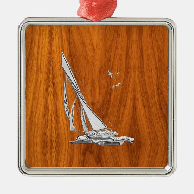 Chrome Regatta Sailboat on Teak Veneer Styles Metal Tree Decoration (Front)