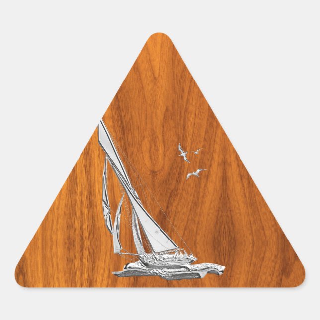 Chrome Regatta Sailboat on Teak Veneer Styles Triangle Sticker (Front)