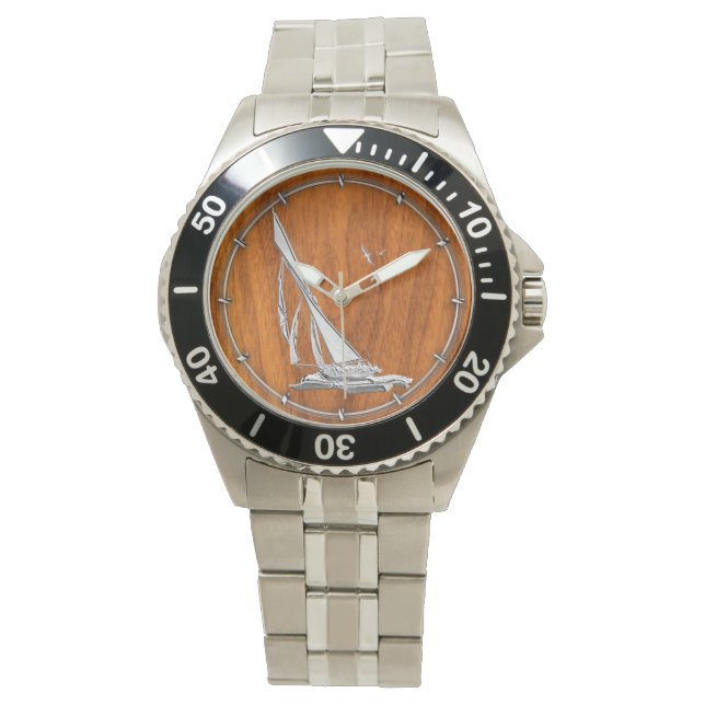Chrome Regatta Sailboat on Teak Veneer Styles Watch (Front)