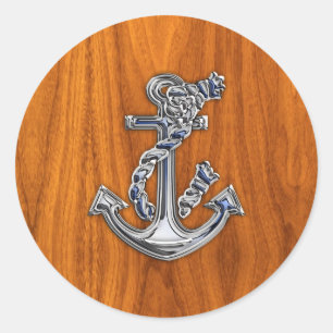 Chrome Rope Anchor on Teak Veneer Classic Round Sticker