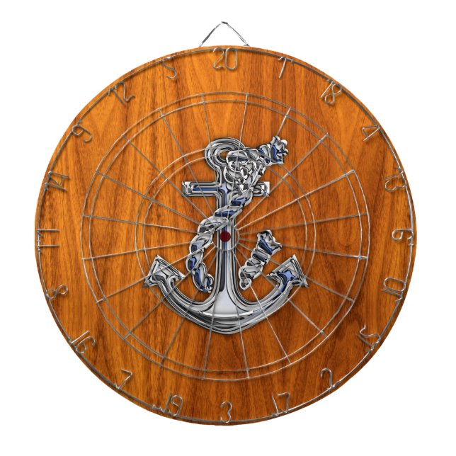 Chrome Rope Anchor on Teak Veneer Dartboard (Front)