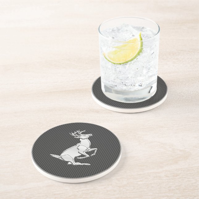 Chrome Running Deer on Carbon Fibre Decor Coaster (Side)