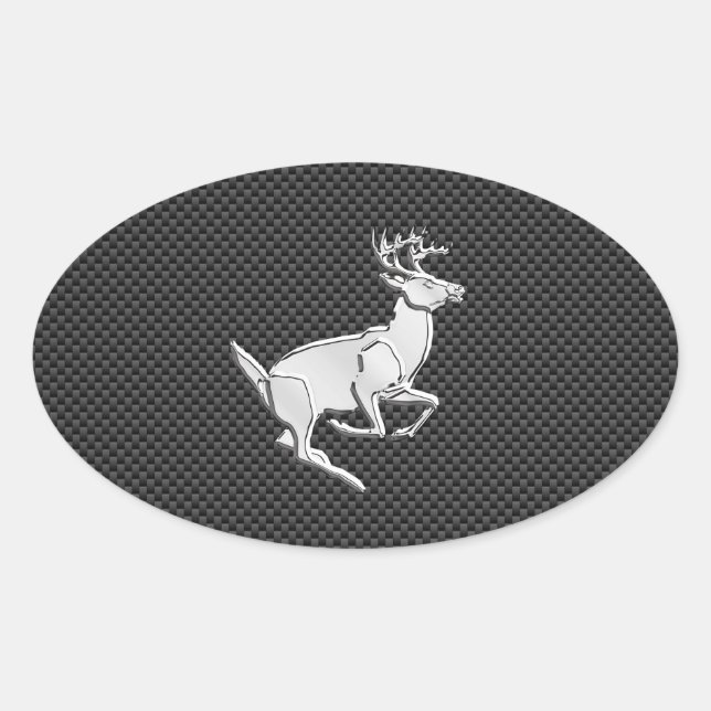 Chrome Running Deer on Carbon Fibre Decor Oval Sticker (Front)