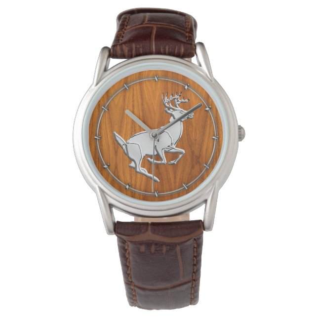 Chrome Running Deer on Fine Teak Print Watch (Front)