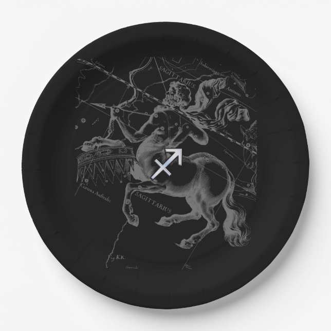 Chrome Sagittarius Zodiac Sign on Hevelius Decor Paper Plate (Front)
