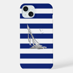 Chrome Sail Boat on Navy Stripes iPhone 15 Plus Case