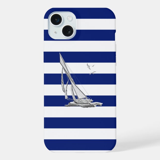 Chrome Sail Boat on Navy Stripes iPhone Case (Back)